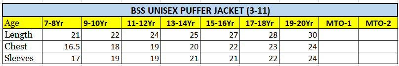 PUFFER JACKET SIZE CHART PUFFER JACKET SIZE CHART