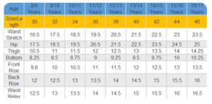 BSS GIRLS TROUSER SIZE CHART